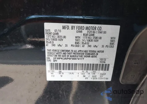 2015 Ford Edge Sport from USA, damaged, VIN 2FMPK3AP6FBB74177